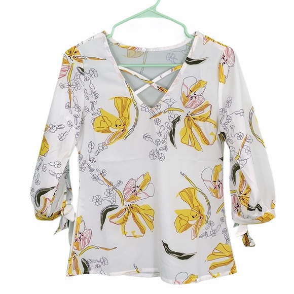 White Floral Criss-Cross Neck Tie Sleeve Blouse